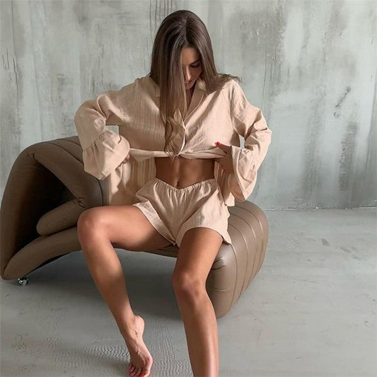 Pure Cotton Long-Sleeved Shorts and Pajama Set