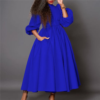 High Neck Seven-Sleeve Waist-Cinching Dress