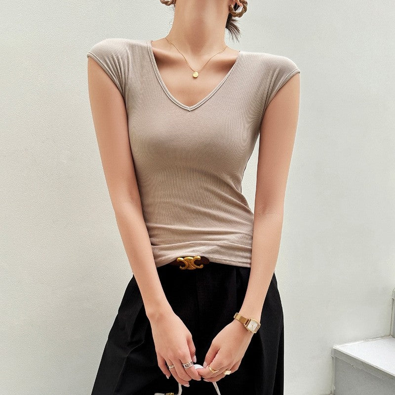 Shoulder-Baring Threaded Sleeve T-Shirt