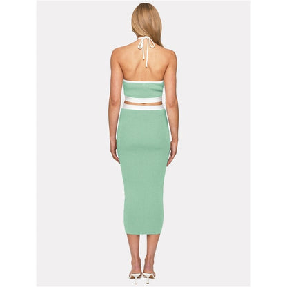 Contrast Color Sleeveless Halterneck Backless Hollow Bodycon Maxi Dress