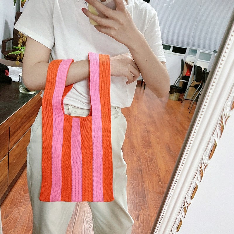 Contrast Color Striped Openning Knitted Handbag