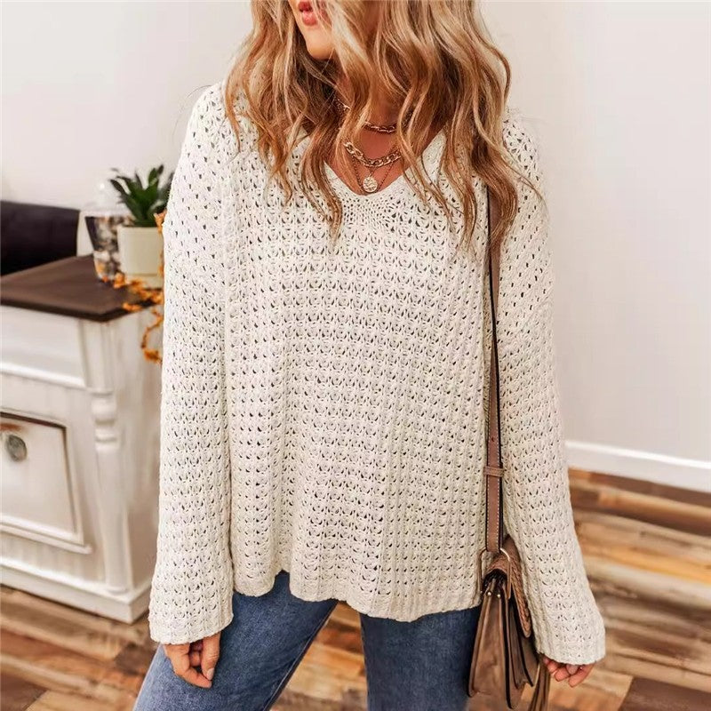 Solid Color Hollow Out Long Sleeve Sweater