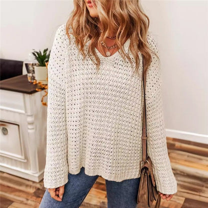 Solid Color Hollow Out Long Sleeve Sweater