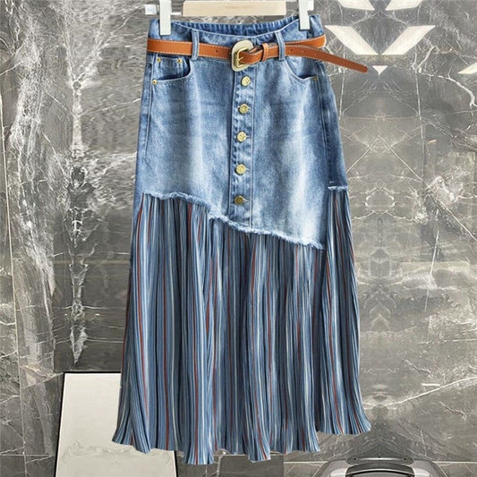 Denim Patchwork High Waisted A-Line Skirt