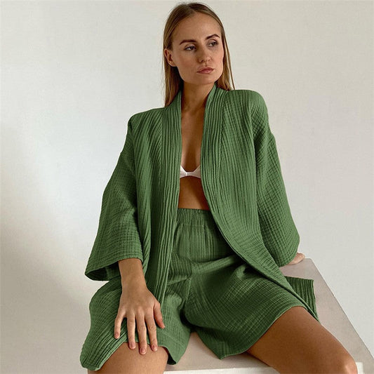 Double Gauze Two-Piece Pajama Set with Five-Quarter Sleeves for Women
