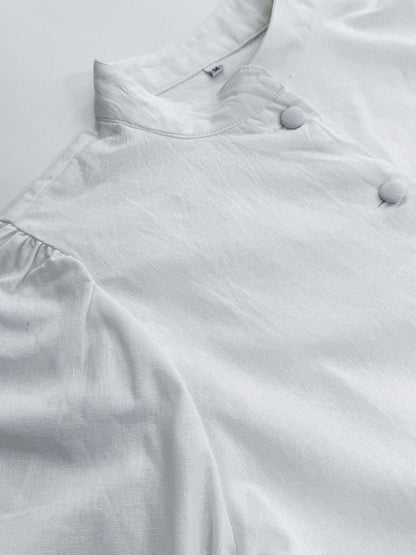 Half Sleeves Loose Buttoned Pleated Solid Color Split-Joint Stand Collar Blouses Top +  Skirts Bottom Two Pieces Set