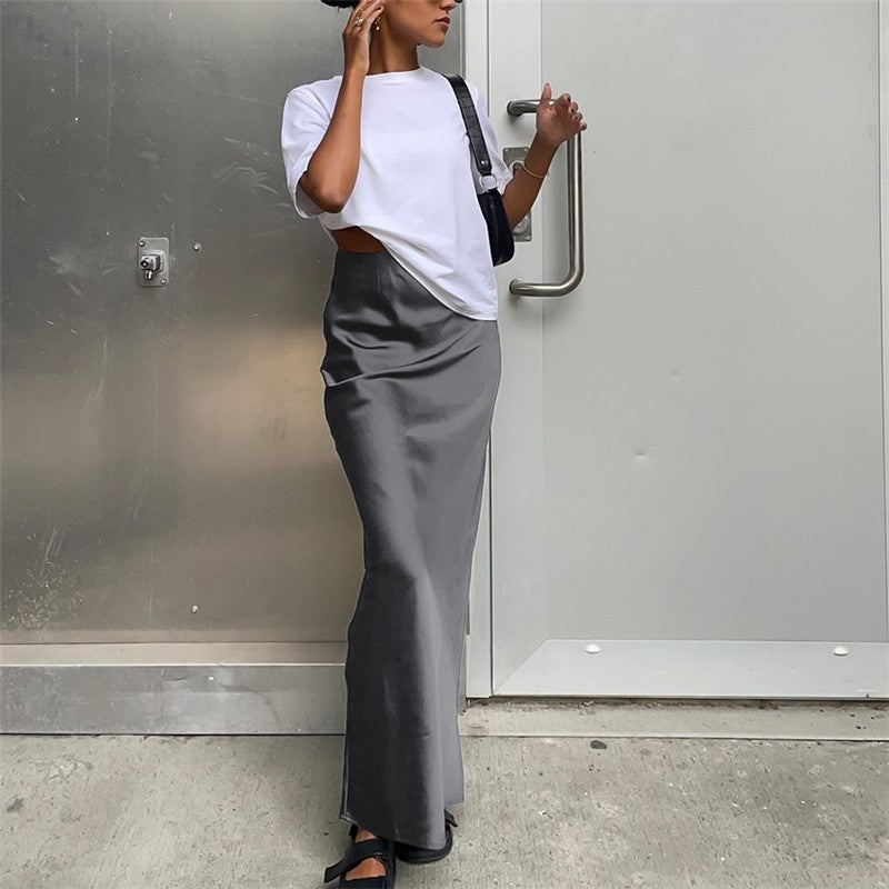 Simple Satin Maxi Skirt in Solid Color