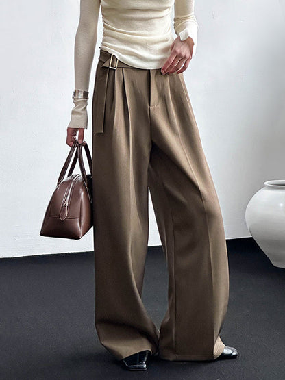 High Waisted Loose Belt Buckle Solid Color Suit Pants Trousers