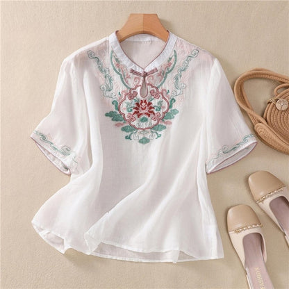 Embroidered Buttonholes Loose Fit Short Sleeve Shirt