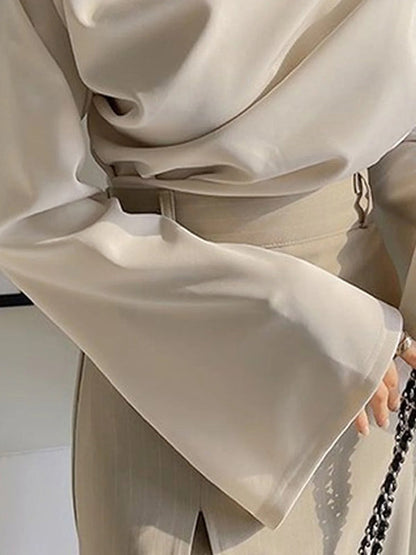 Flared Sleeves Long Sleeves Pleated Solid Color Boat Neck T-Shirts Tops