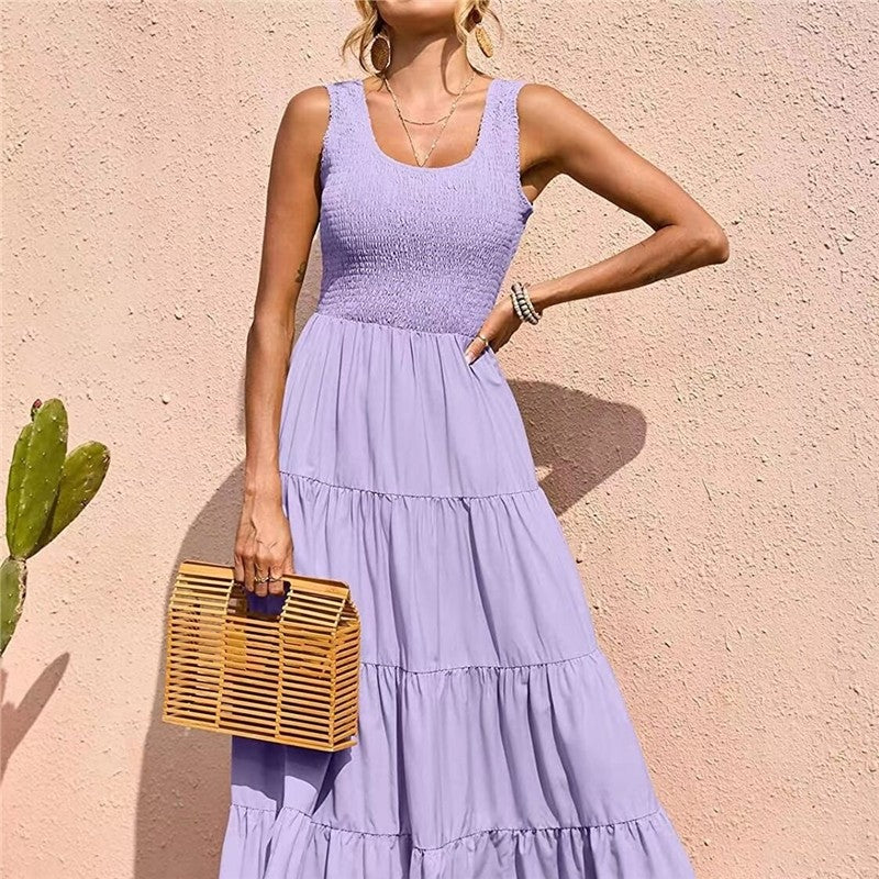 Solid Color Pleated Halter Swing Dress