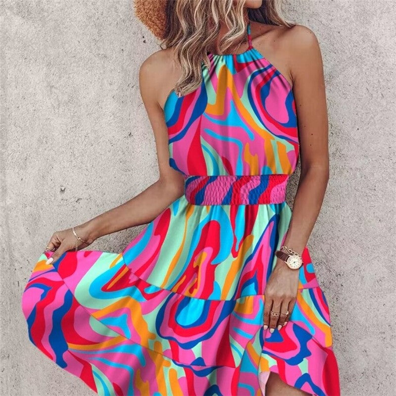 Stylish Off-Shoulder Halter Neck Print Dress