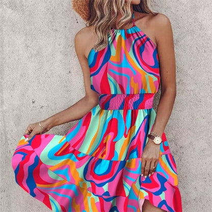 Stylish Off-Shoulder Halter Neck Print Dress