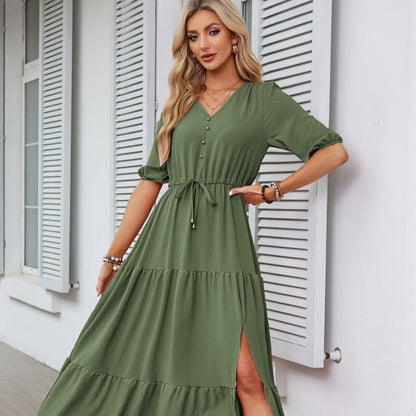 Vibrant V-Neck Drawstring Dress with Split Short Sleeves