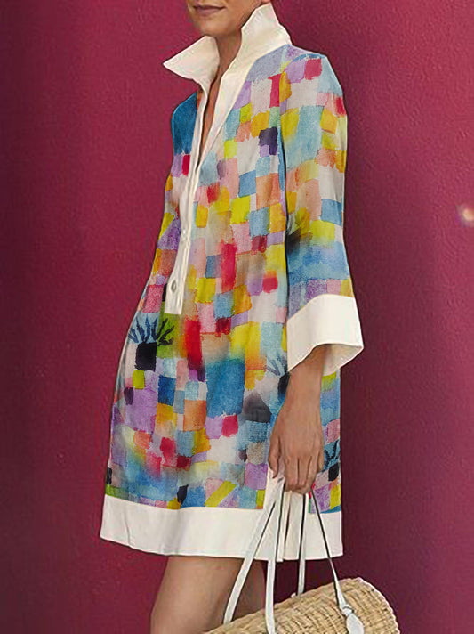 Long Sleeves Loose Printed Split-Joint Lapel Mini Dresses Shirt Dress
