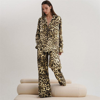 Leopard Print Loose Fit Lapel Long Sleeve Blouse and Ants Two-Piece Lounge Suit
