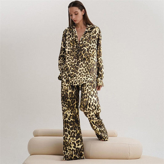 Leopard Print Loose Fit Lapel Long Sleeve Blouse and Ants Two-Piece Lounge Suit