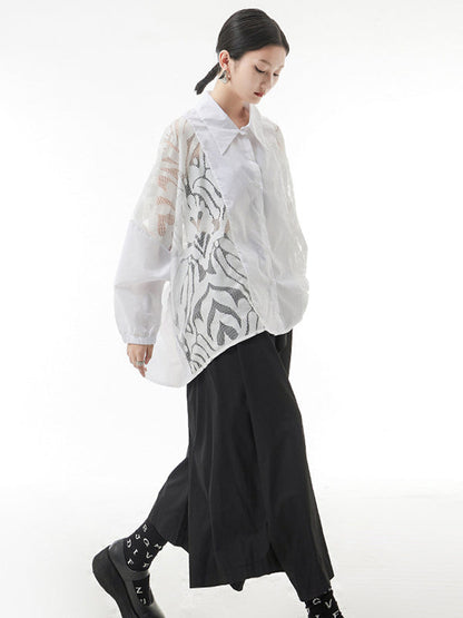 Urban See-Through Lace Split-Joint Lapel Blouse