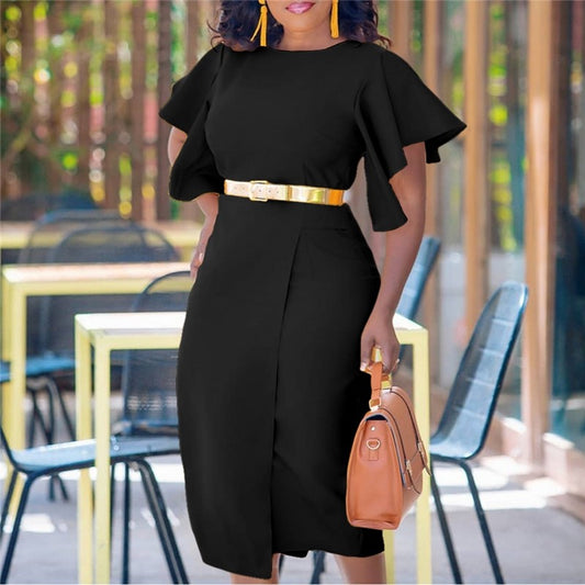 Sleek Bodycon Dress with Lotus Leaf Hem in Solid Color