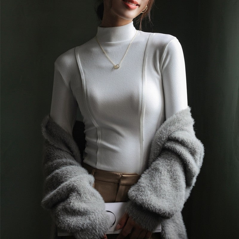 Solid Color Half High Collar Velvet Long Sleeve Top