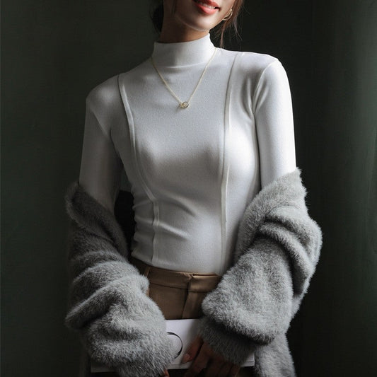 Solid Color Half High Collar Velvet Long Sleeve Top