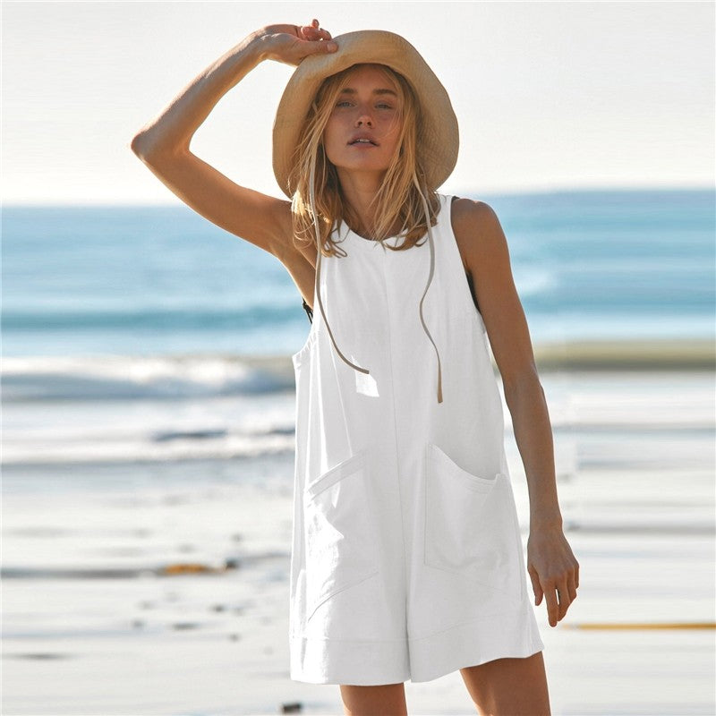 Sleeveless Solid Color Crewneck Loose Fit Casual Romper