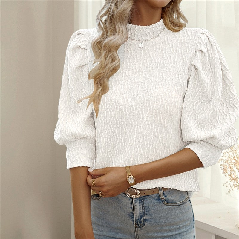 Solid Color Half Turtleneck Half Sleeve Pullover Blouse