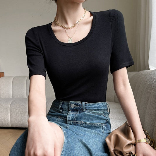 Striped Short-Sleeve T-Shirt with Round Neck in Solid Color
