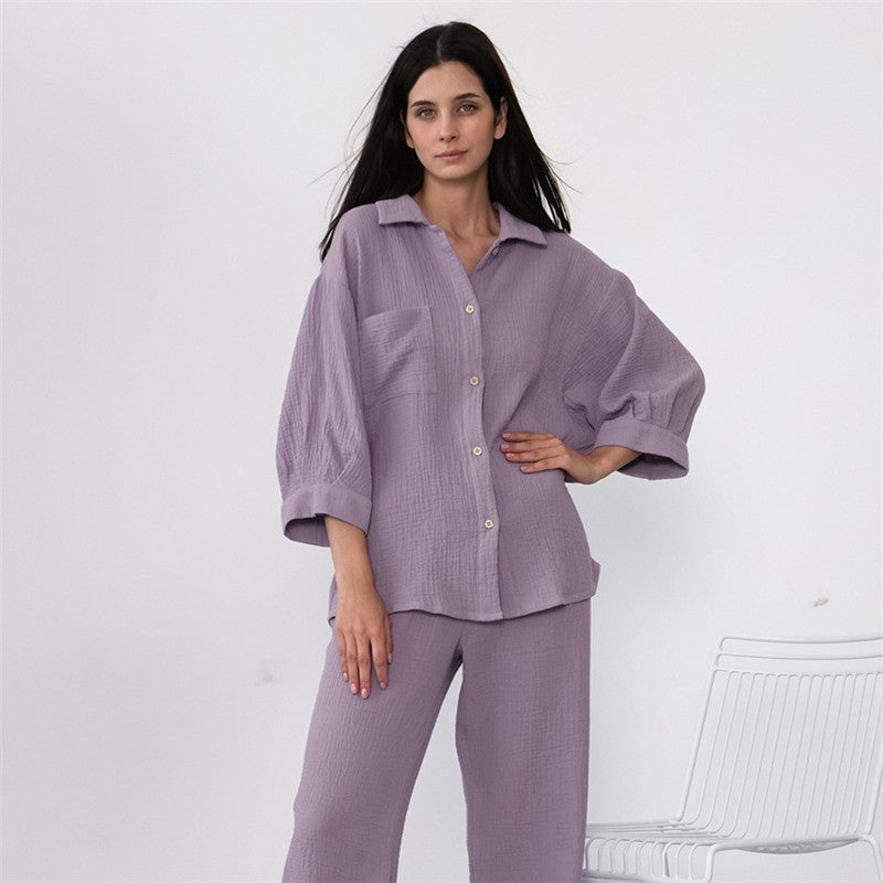 Crepe Two-Piece Pyjama Set with Blouse and Trousers for Women