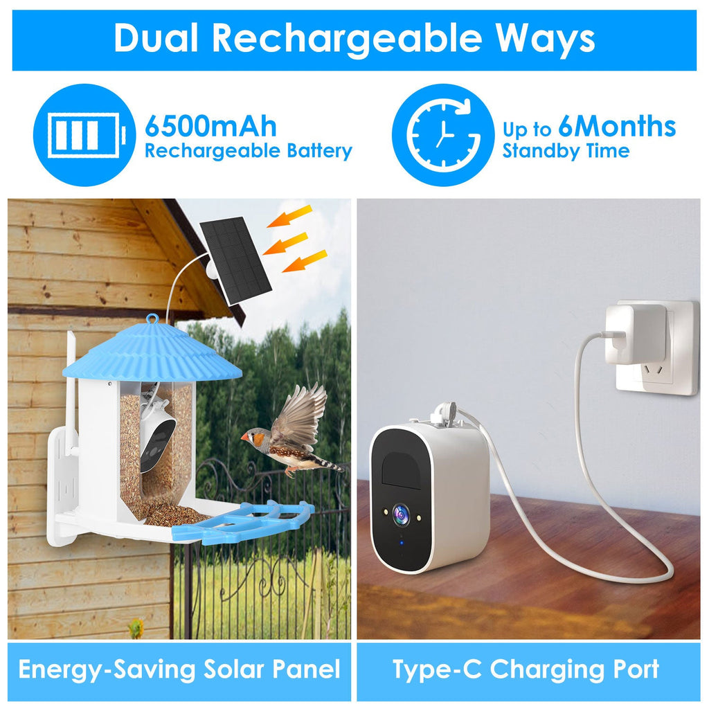 Solar Powered Smart Bird Feeder 2K Bird Watching Camera With PIR Motion AI Birds Species Identify Two-Way Audio Real-Time App Notification Capture Video Gift For Bird Lover