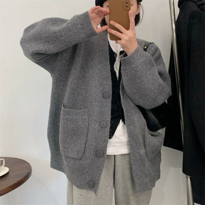 Solid Color Long Sleeve Large Pockets Casual Loose Knitted Cardigan