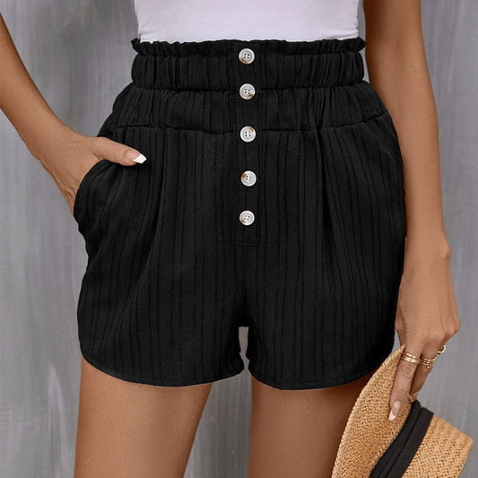 High-Waist Buttoned Shorts with Elastic Waistband and Pockets