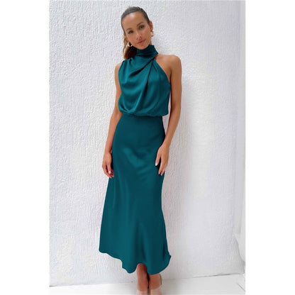 Solid Color Half Turtleneck Sleeveless Satin Dress