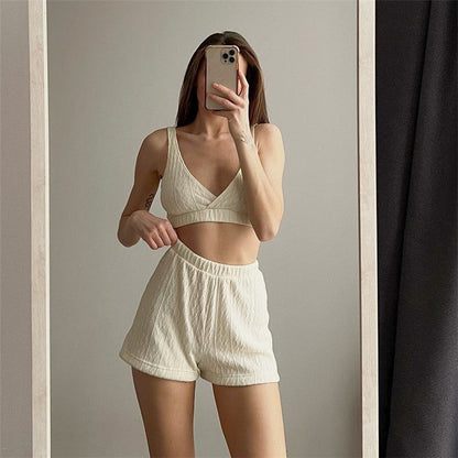 Knitted Bralette, Waist-Tied Cardigan, and Shorts Set - Solid Color Loungewear