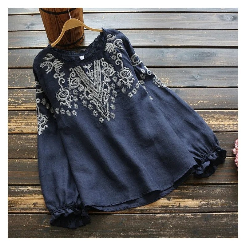 Ethnic-Inspired Loose Fit Pleated Long Sleeve T-Shirt with Embroidery