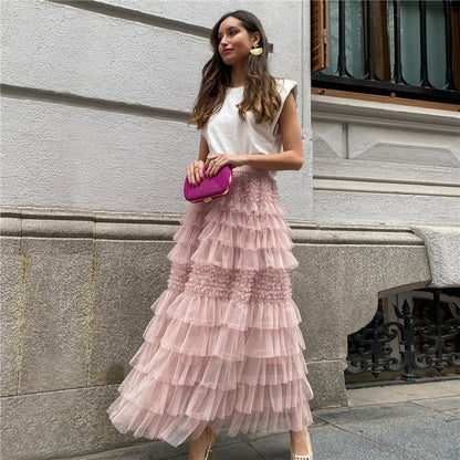 Chic Solid Color Mesh Cake Skirt