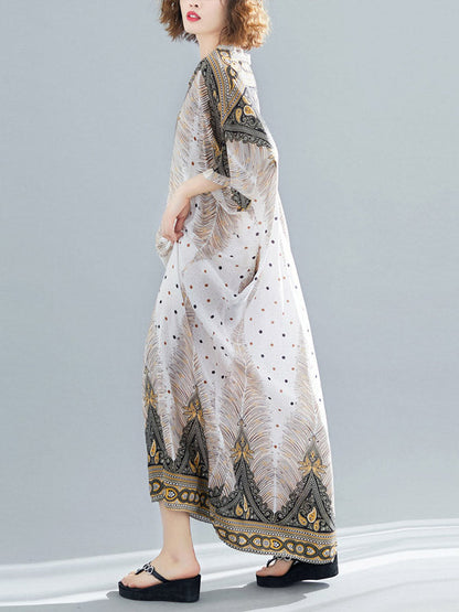 Ethnic Printed Plus Size V-Neck Batwing Sleeve Maxi Dress