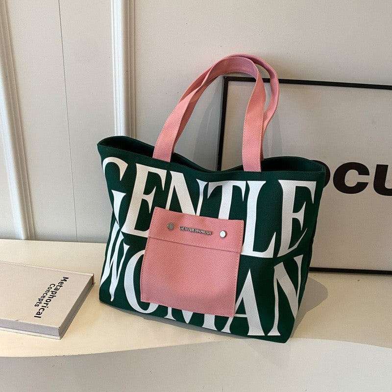 Letter Print Canvas Shoulder Bag with Large Capacity