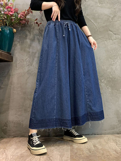 Loose Wide Leg Drawstring Elasticity Fringed Pockets Jean Pants Bottoms