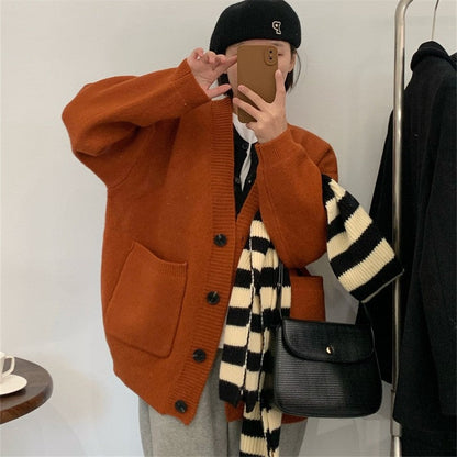 Solid Color Long Sleeve Large Pockets Casual Loose Knitted Cardigan