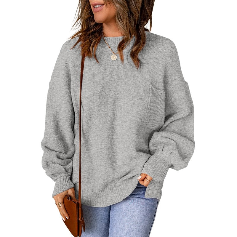 Loose Round Neck Lantern Sleeve Solid Color Sweater