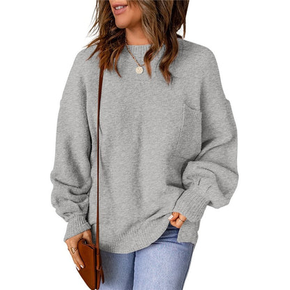Loose Round Neck Lantern Sleeve Solid Color Sweater