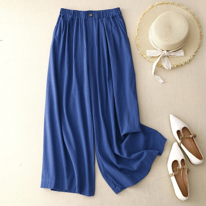 Wide Leg Elastic Waist Double Pocket Pants Simple And Pure Ethnic Style