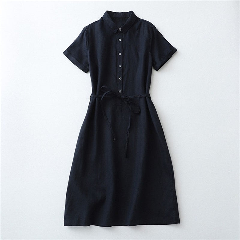 Half-Opening Buckle Waist Frenulum Polo Collar Mid Length Dress