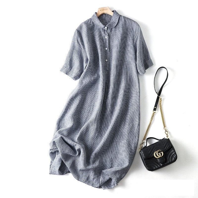 Short Sleeve Lapel A-Line Ramie Cotton Casual Retro Dress