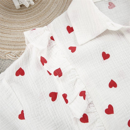 Heart Print Long Sleeve Lapel Single Breasted Top and Shorts Set - Cute Loungewear