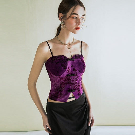 Sleek Embroidered Retro Vest with Spaghetti Straps