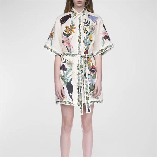 Floral Print Short Sleeve Dress with Ribbon Accent