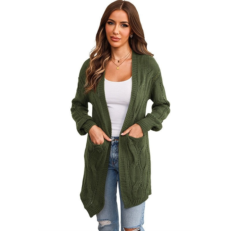 Solid Color Casual Mid-Length Knitted Cardigan Coat