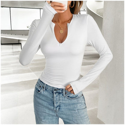 Casual V-Neck Slim Fit Long Sleeve Top - Solid Color